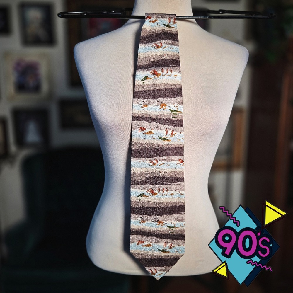 Structure Silk Tie Vintage 90s Beach Umbrella Nautical Striped Brown Blue USA